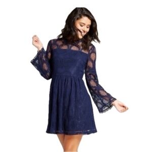 Xhilaration, Navy Blue Lace Dress Illusion Neck Long Sleeve Fit Flare, Size L